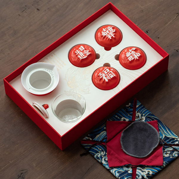 2023新年字器茶具套裝 字器杯4個+易泡壺1+收納布袋1+茶巾1商務茶具禮品2