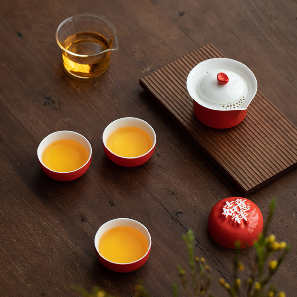 2023新年字器茶具套裝 字器杯4個+易泡壺1+收納布袋1+茶巾1商務茶具禮品6